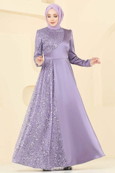 E.L.C. - Boncuk Detaylı Saten Abiye 2818ELC1143-MS Lila - 392979