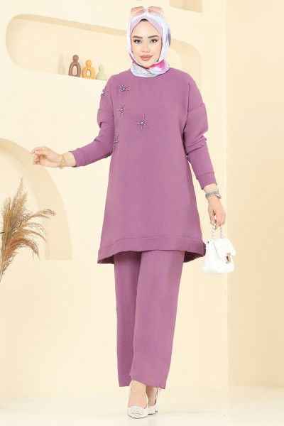 U.Z. - Boncuk Detaylı Tesettür Takım 6013UZ662-MS Koyu Lila