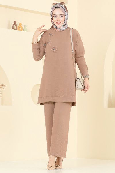 U.Z. - Boncuk Detaylı Tesettür Takım 6013UZ662-MS Koyu Vizyon