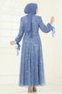 Boncuk Detaylı Tül Abiye 2822ELC1143-MS Mavi - Thumbnail