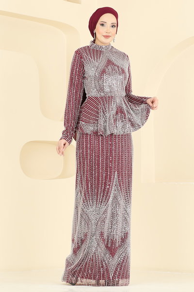 Y.G.S. - Boncuk Detaylı Tül Abiye 8080YG95-MS Bordo - 426793