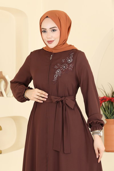 A.B. - Boncuk İşlemeli Krep Ferace 8237AB368-MS Kahve - 425236
