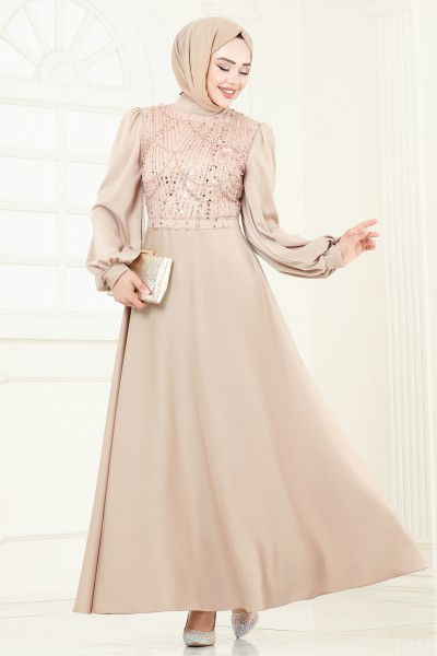 E.D.F. - Boncuk İşlemeli Saten Abiye 5691EDF311-MS Açık Vizyon