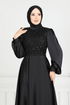 Boncuk İşlemeli Saten Abiye 5691EDF311-MS Siyah - Thumbnail
