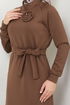Brooch Detailed Dress 4706ZNK903-M Coffee - Thumbnail