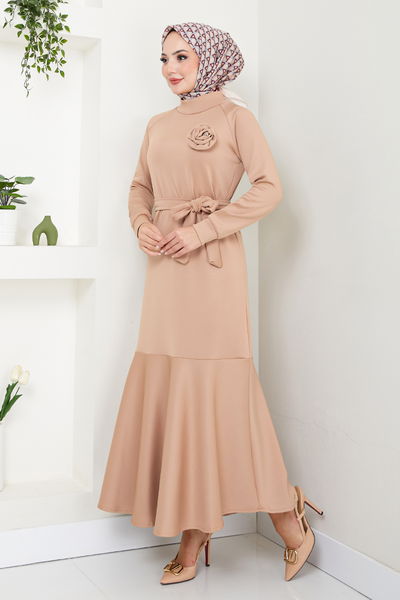 MRV Z.N.K. - Brooch Detailed Dress 4706ZNK903-M Latte - 346088