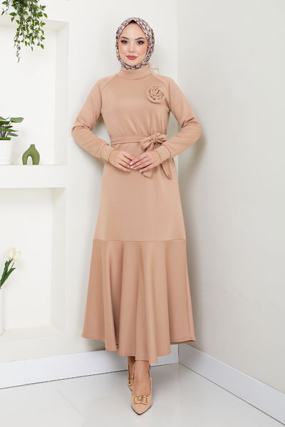 MRV Z.N.K. - Brooch Detailed Dress 4706ZNK903-M Latte - 346089