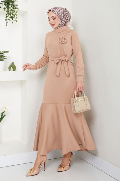 MRV Z.N.K. - Brooch Detailed Dress 4706ZNK903-M Latte - 346090