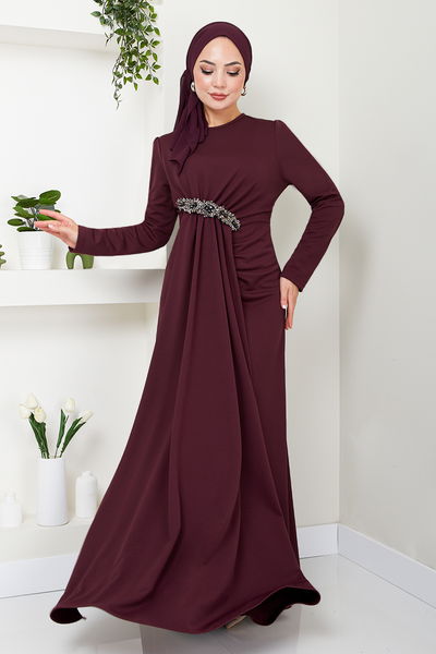 MRV S.L. - Brooch Detailed Evening dress 5021SL890 Burgundy - 343207