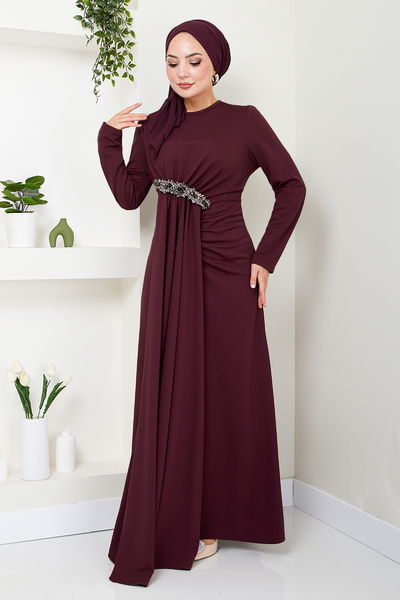 MRV S.L. - Brooch Detailed Evening dress 5021SL890 Burgundy - 343208