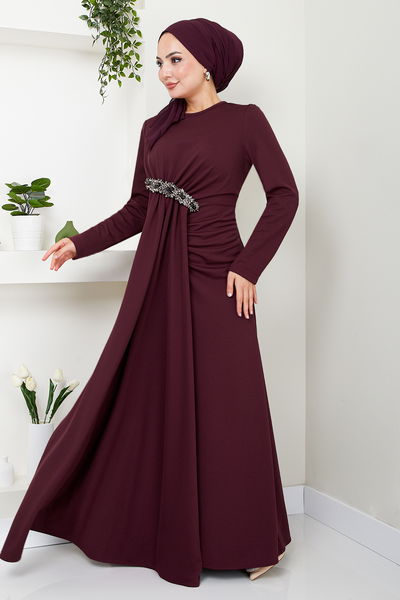 MRV S.L. - Brooch Detailed Evening dress 5021SL890 Burgundy - 343209