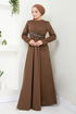 Brooch Detailed Evening dress 5021SL890 Coffee - Thumbnail