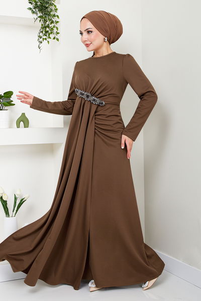 MRV S.L. - Brooch Detailed Evening dress 5021SL890 Coffee - 343220