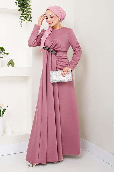 MRV S.L. - Brooch Detailed Evening dress 5021SL890 Rose Kurusu - 343226