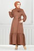 Brooch Rose Detailed Dress 801OZR1047-M Open Coffee - Thumbnail