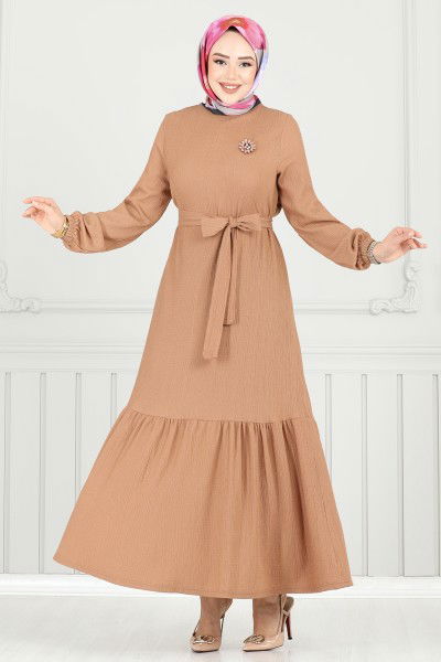 D.V.L. - Broş Detay Bürümcük Elbise 422DVL817-MS Latte