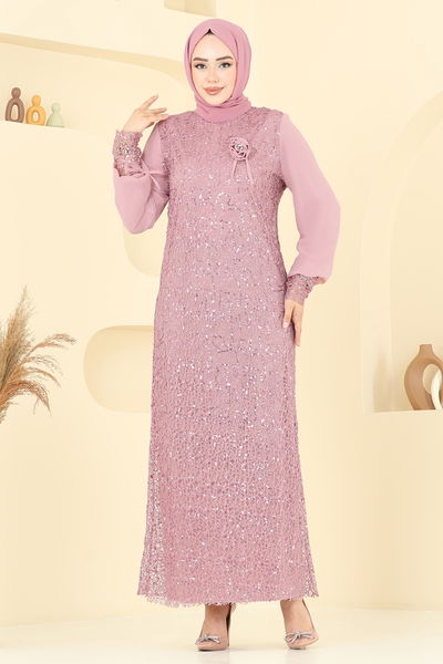 E.L.C. - Broşlu Tesettür Abiye Elbise 2517ELC1143-MS Açık Gül Kurusu - 387146