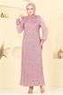 Broşlu Tesettür Abiye Elbise 2517ELC1143-MS Açık Gül Kurusu - Thumbnail