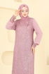 Broşlu Tesettür Abiye Elbise 2517ELC1143-MS Açık Gül Kurusu - Thumbnail