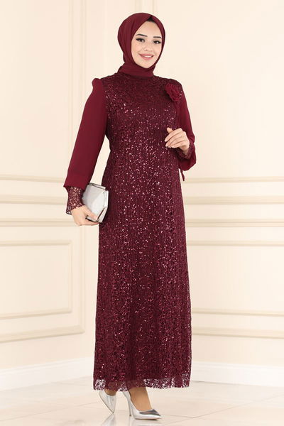 E.L.C. - Broşlu Tesettür Abiye Elbise 2517ELC1143-MS Bordo - 387113