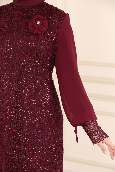 E.L.C. - Broşlu Tesettür Abiye Elbise 2517ELC1143-MS Bordo - 387114