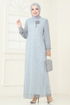 Broşlu Tesettür Abiye Elbise 2517ELC1143-MS Gri - Thumbnail