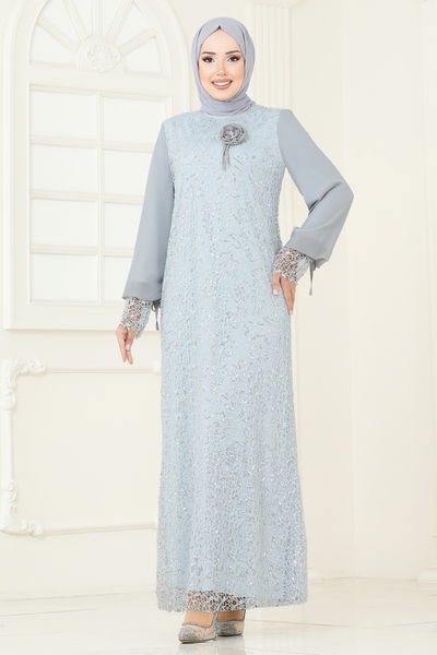 E.L.C. - Broşlu Tesettür Abiye Elbise 2517ELC1143-MS Gri - 387123