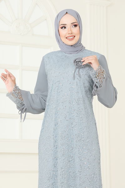 E.L.C. - Broşlu Tesettür Abiye Elbise 2517ELC1143-MS Gri - 387124