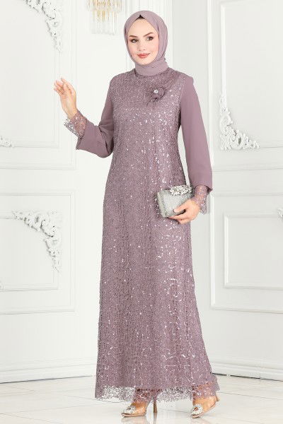 E.L.C. - Broşlu Tesettür Abiye Elbise 2517ELC1143-MS Lila