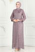 Broşlu Tesettür Abiye Elbise 2517ELC1143-MS Lila - Thumbnail