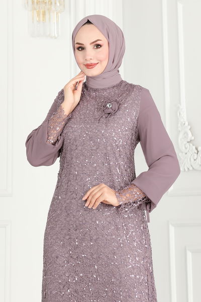 E.L.C. - Broşlu Tesettür Abiye Elbise 2517ELC1143-MS Lila - 387091