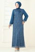 Broşlu Tesettür Abiye Elbise 2517ELC1143-MS Petrol - Thumbnail