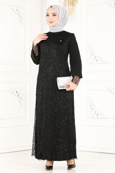 E.L.C. - Broşlu Tesettür Abiye Elbise 2517ELC1143-MS Siyah - 387104