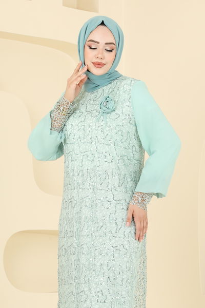 E.L.C. - Broşlu Tesettür Abiye Elbise 2517ELC1143-MS Su Yeşili - 387139