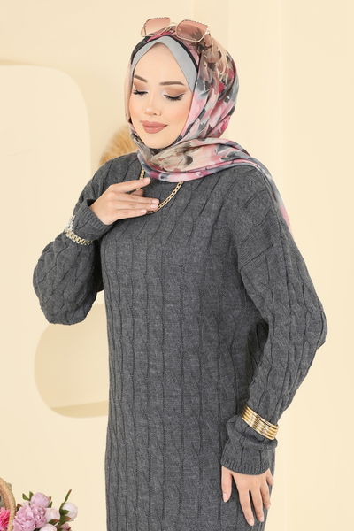 A.Y.D. - Burgu Desenli Triko Elbise 2752AYD574-MS Antrasit - 408862