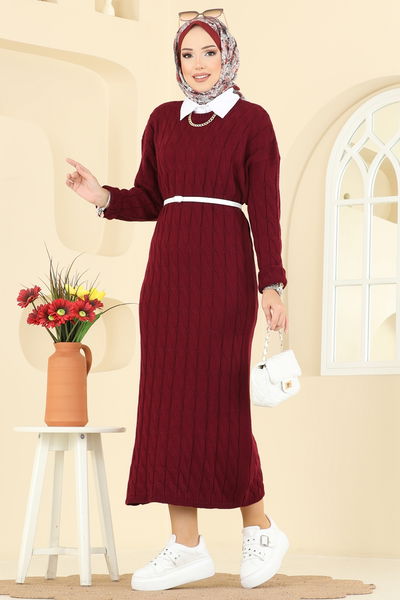 A.Y.D. - Burgu Desenli Triko Elbise 2752AYD574-MS Bordo - 408879