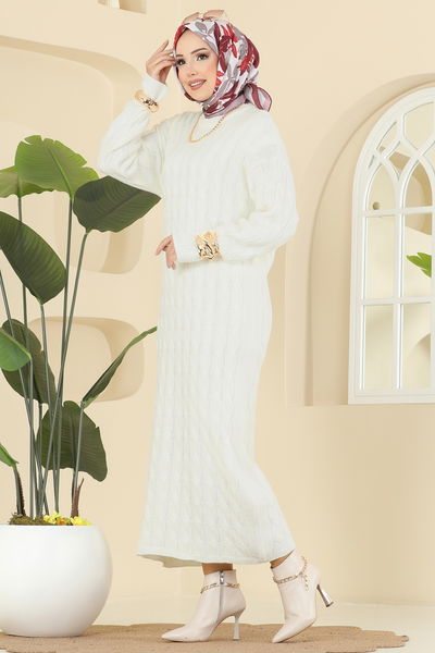 A.Y.D. - Burgu Desenli Triko Elbise 2752AYD574-MS Ekru - 408902