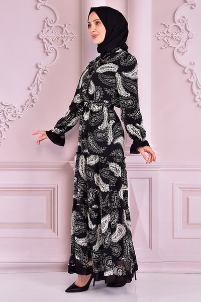 NEV - Ceinturée Doublé Mousseline Robe Noir NE14860 - 292644