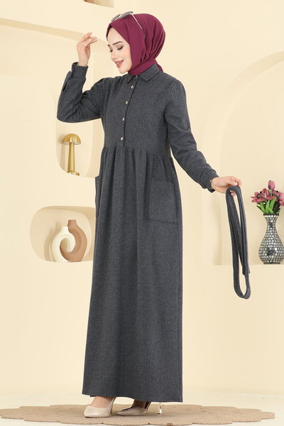 U.K.B. - Cep Detaylı Balıksırtı Elbise 24012UKB139-MS Antrasit - 422429