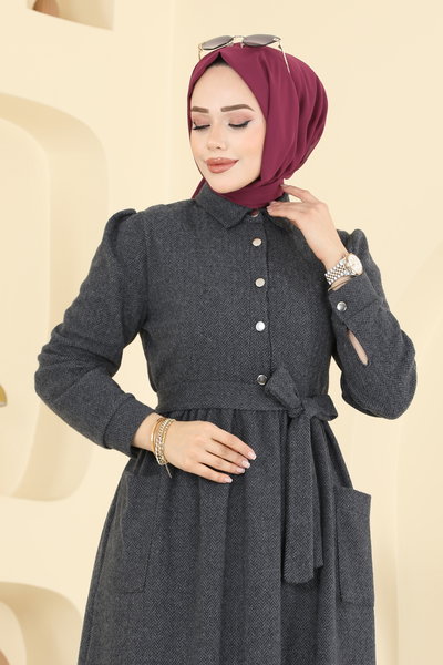 U.K.B. - Cep Detaylı Balıksırtı Elbise 24012UKB139-MS Antrasit - 422430