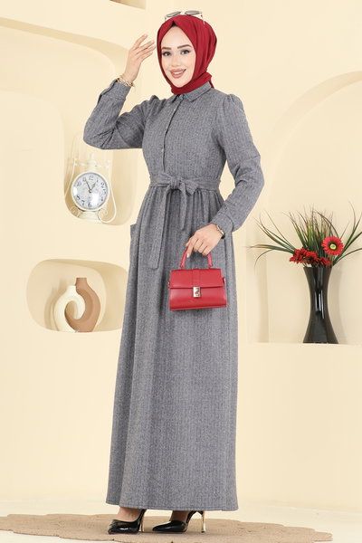 U.K.B. - Cep Detaylı Balıksırtı Elbise 24012UKB139-MS Gri - 422438