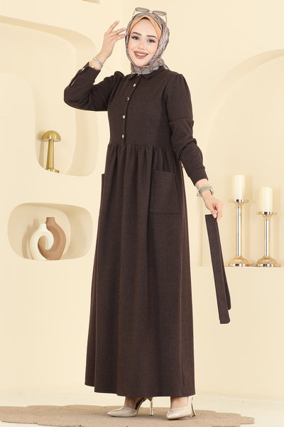 U.K.B. - Cep Detaylı Balıksırtı Elbise 24012UKB139-MS Kahve - 422445