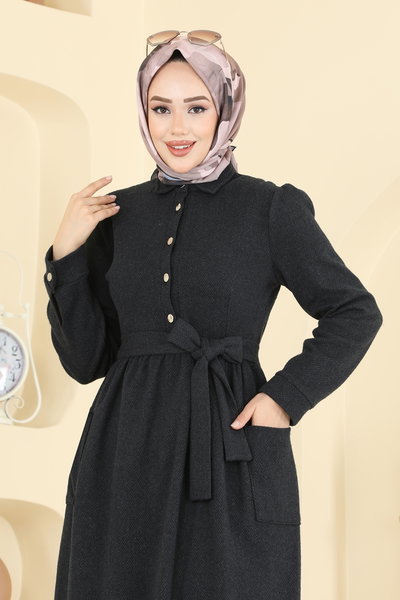 U.K.B. - Cep Detaylı Balıksırtı Elbise 24012UKB139-MS Siyah - 422450