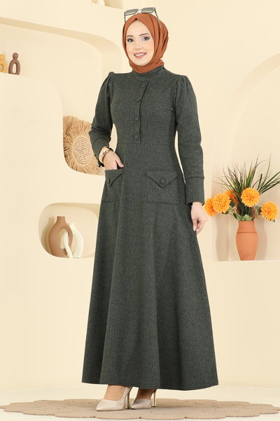 U.K.B. - Cep Detaylı Balıksırtı Elbise 24018UKB139-MS Haki - 425386