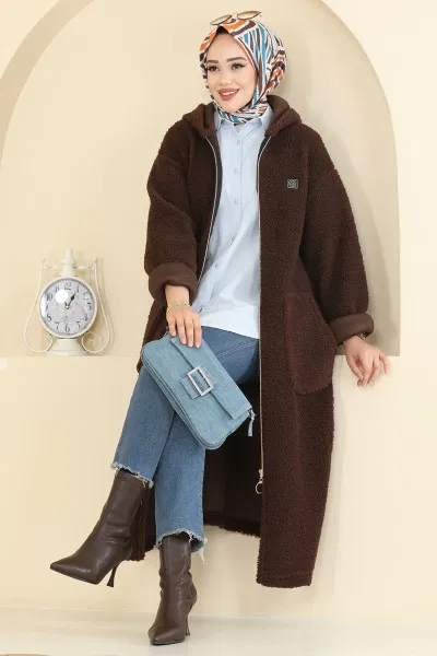 L.Y.D. - Cep Detaylı Peluş Hırka 2147LYD1165-MS Kahve