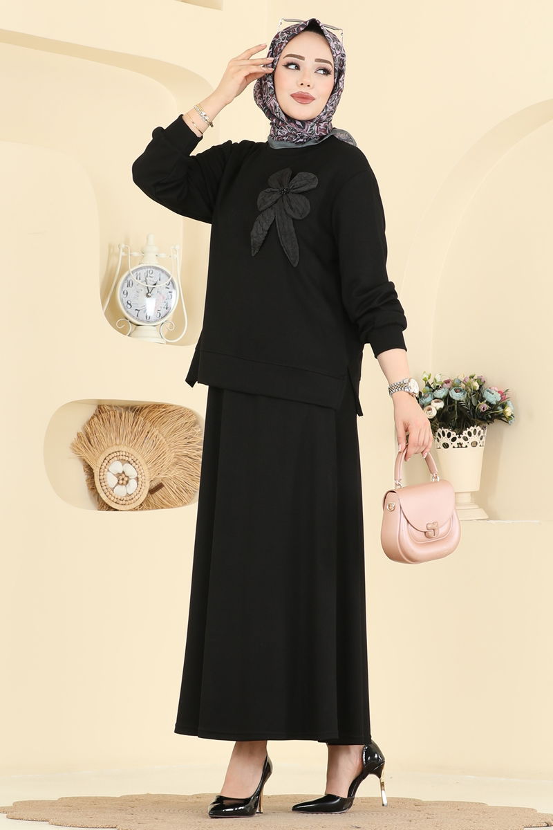 Çiçek Aksesuarlı Etekli Takım 2601TPK1167-MS Siyah