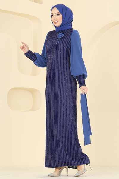 E.L.C.K. - Çiçek Aksesuarlı Simli Abiye 2841ELCK1161-MS İndigo - 417009