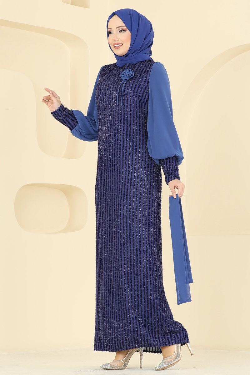 Çiçek Aksesuarlı Simli Abiye 2841ELCK1161-MS İndigo