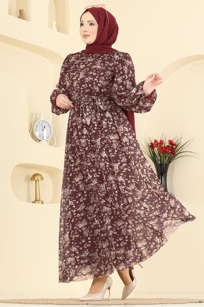 E.D.F. - Çiçek Baskılı Tül Elbise 5750EDF311-MS Bordo - 426842
