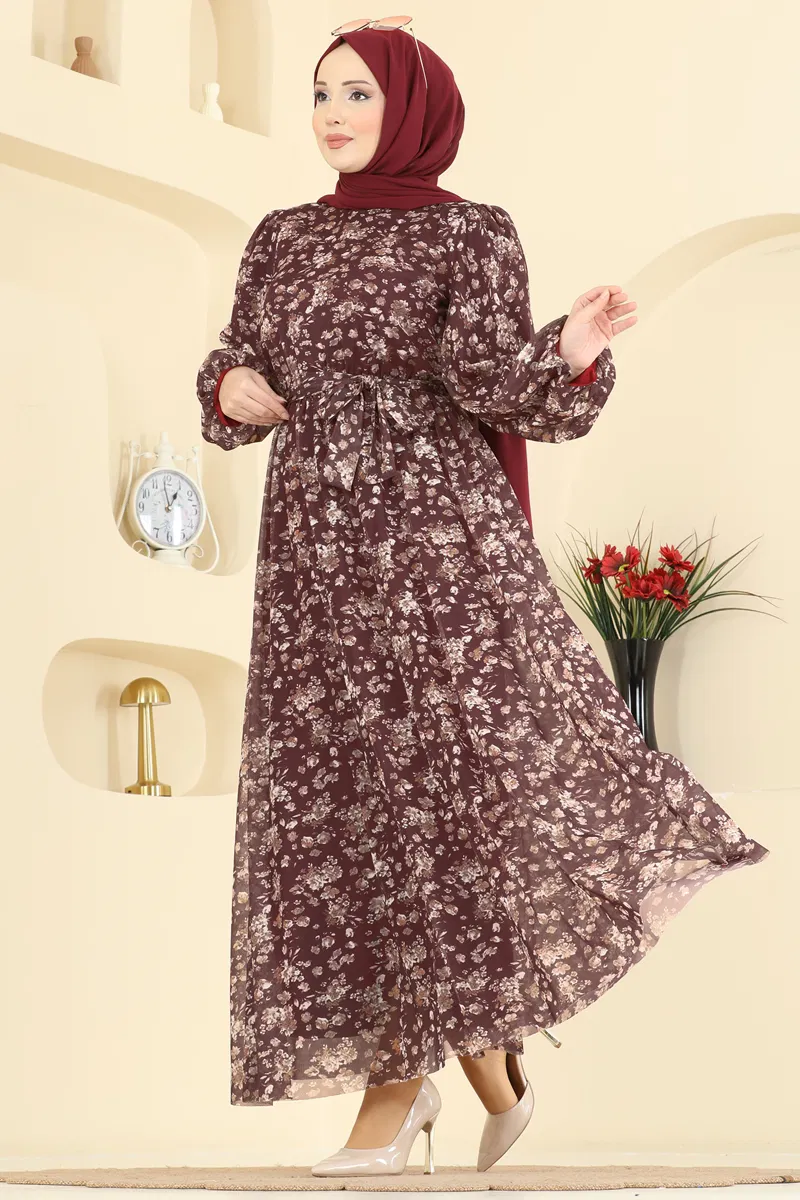 Çiçek Baskılı Tül Elbise 5750EDF311-MS Bordo
